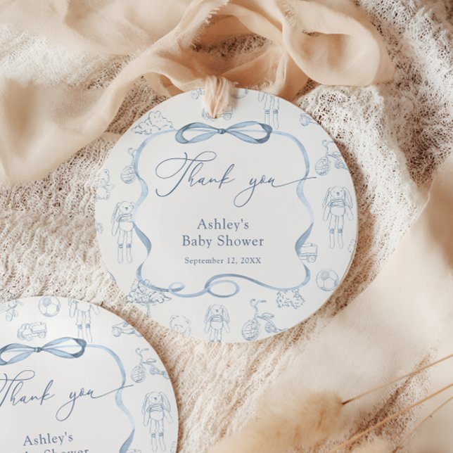 Blue Toile de Jouy Nursery Boy Baby Shower Thank Favor Tags (Creator Uploaded)