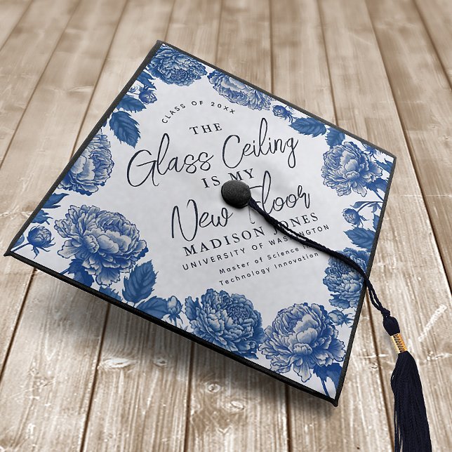Blue Toile De Jouy Peony Glass Ceiling  Graduation Graduation Cap Topper (Creator Uploaded)