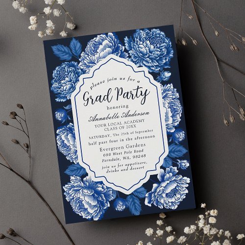 Blue Toile De Jouy Peony Graduation Party Invitation