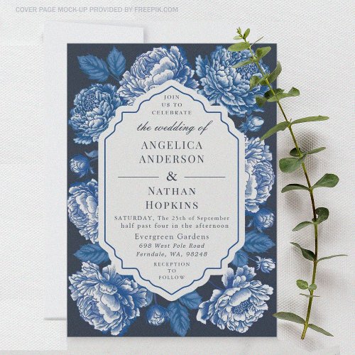 Blue Toile De Jouy Peony Invitation Floral Wedding