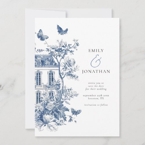 Blue Toile De Jouy QR Wedding Save the Date