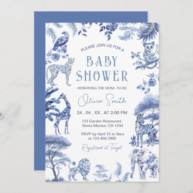 Blue Toile De Jouy Safari Animals Boy Baby Shower Invitation (Front/Back)