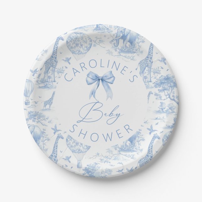 Blue Toile de Jouy Safari Baby Shower Paper Plates (Front)