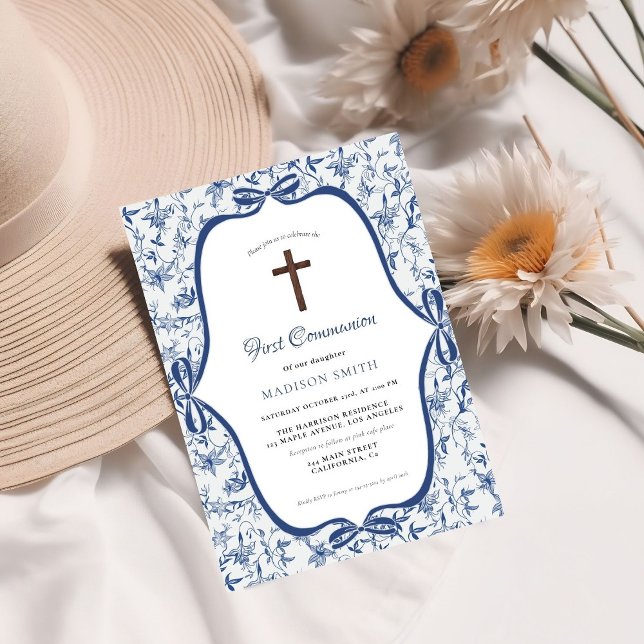 Blue Toile de jouy Tea First Holy Communion Invitation (Creator Uploaded)