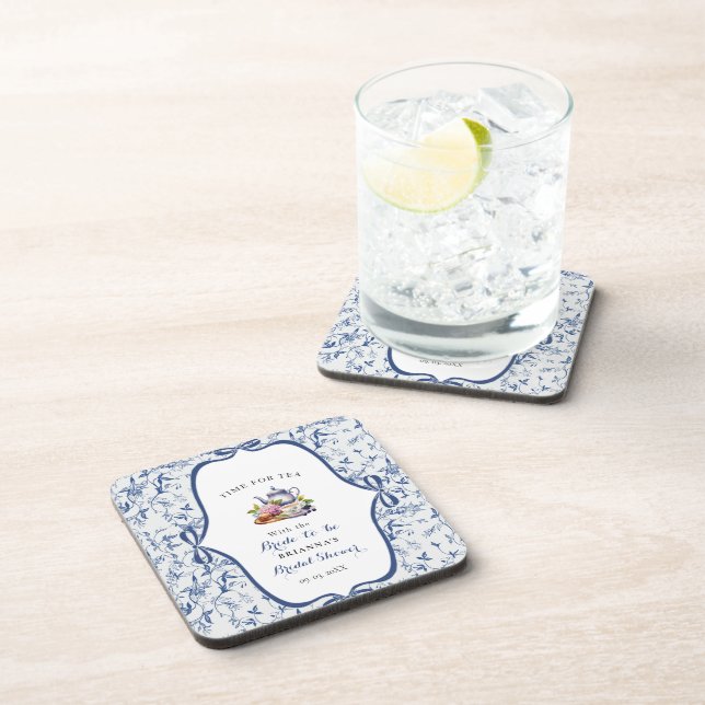 Blue Toile de jouy Tea Party Bridal shower Beverage Coaster (Right Side)