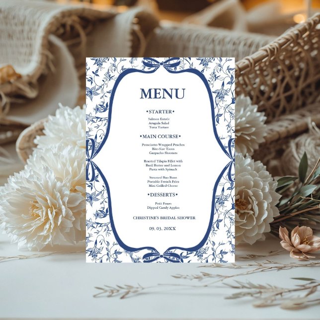 Blue Toile de jouy Tea Party Bridal shower  party  Pedestal Sign (Creator Uploaded)