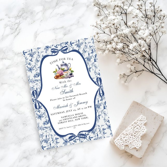 Blue Toile de jouy Tea Party Farewell Brunch Party Invitation (Creator Uploaded)