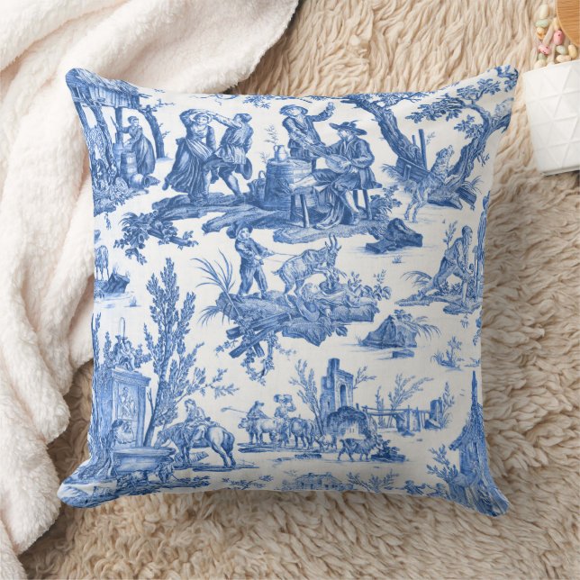 Blue Toile de Jouy Throw Pillow (Blanket)