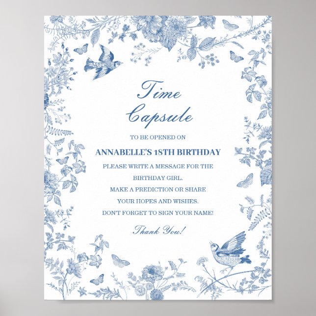 Blue Toile De Jouy Time Capsule Baby Birthday Game Poster (Front)