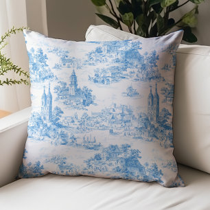 Blue Toile de Jouy Village Landscape Pattern Throw Pillow