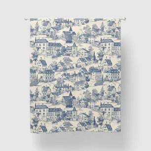 Blue Toile de Jouy Village Scene Bathroom Blackout Curtains