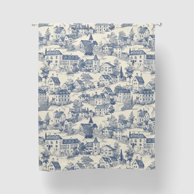 Blue Toile de Jouy Village Scene Bathroom Blackout Curtains (Front)