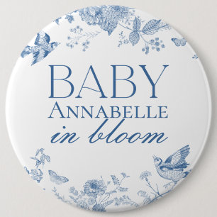 Blue Toile De Jouy Vintage Floral Baby Shower Button