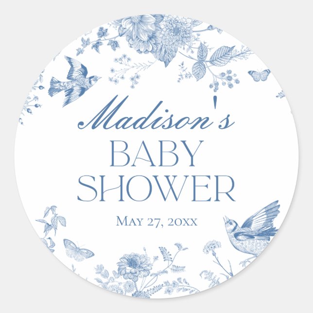 Blue Toile De Jouy Vintage Floral Baby Shower Classic Round Sticker (Front)