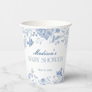 Blue Toile De Jouy Vintage Floral Baby Shower Paper Cups