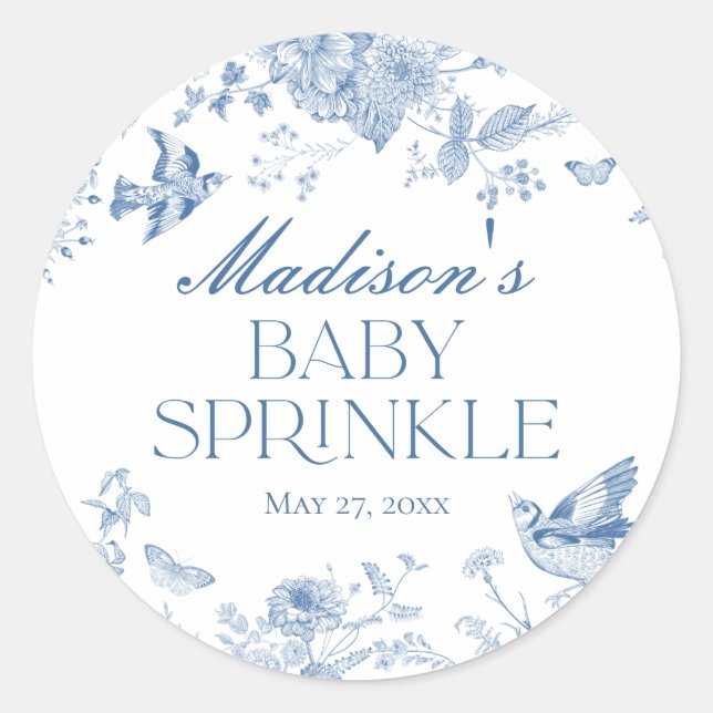 Blue Toile De Jouy Vintage Floral Baby Sprinkle Classic Round Sticker (Front)