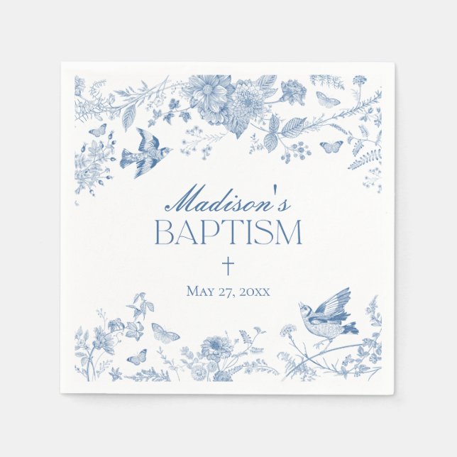 Blue Toile De Jouy Vintage Floral Baptism Napkins (Front)