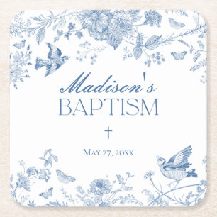 Blue Toile De Jouy Vintage Floral Baptism Square Paper Coaster