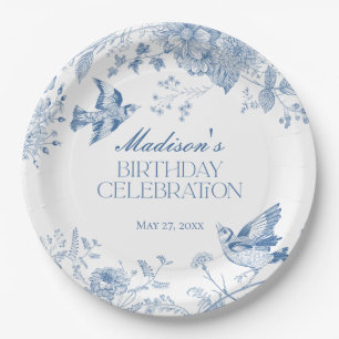 Blue Toile De Jouy Vintage Floral Birthday Party Paper Plates