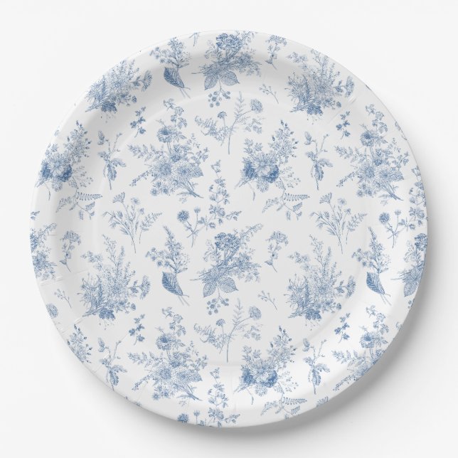 Blue Toile De Jouy Vintage Floral Chinoiserie Paper Plates (Front)