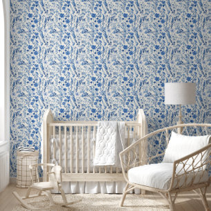 Blue Toile De Jouy Vintage Floral Wallpaper