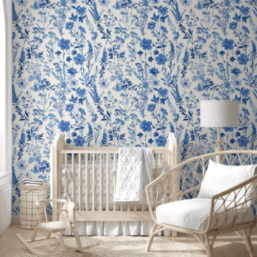 Blue Toile De Jouy Vintage Floral Wallpaper