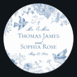 Blue Toile De Jouy Vintage Floral Wedding Classic Round Sticker<br><div class="desc">Love is in Bloom! This Blue Chinoiserie Party Decor Collection, features delicate toile floral patterns for timeless elegance. Each piece in this collection showcases intricate designs in shades of blue, evoking a sense of sophistication and elegance. ★ Let me help you plan your next party! ★ If you need coordinating...</div>