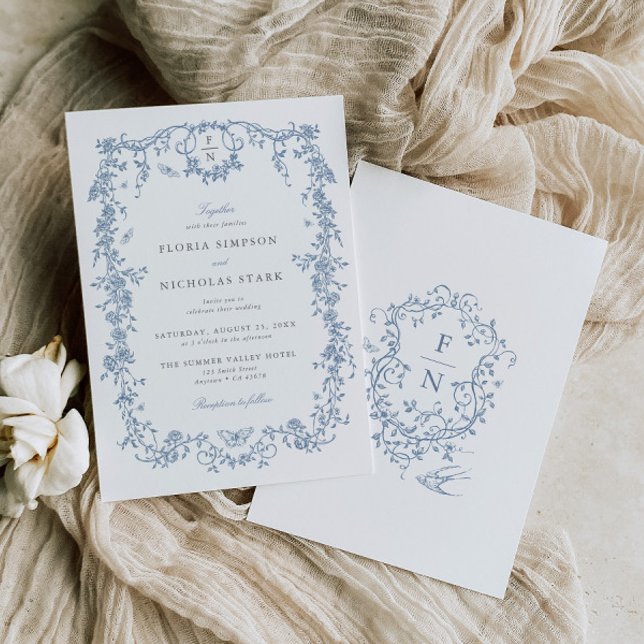 Blue Toile De Jouy Wedding Invitation Chinoiserie  (Creator Uploaded)