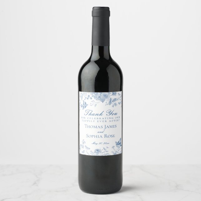 Blue Toile De Jouy Wedding Party Favors Wine Label (Front)