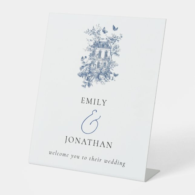  Blue Toile De Jouy Welcome to Wedding Pedestal Sign (Front)