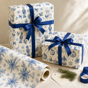 Blue Toile de Jouy Woodland Christmas Wrapping Paper Sheets