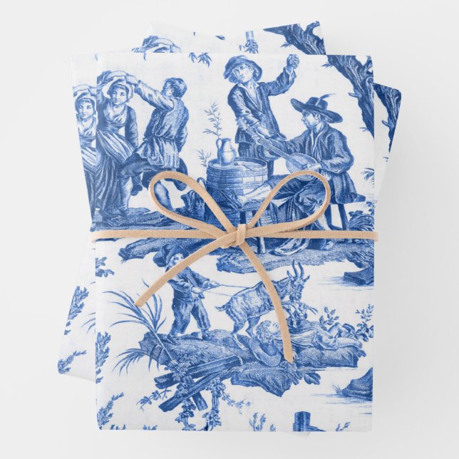 Blue Toile de Jouy  Wrapping Paper Sheets (In situ)
