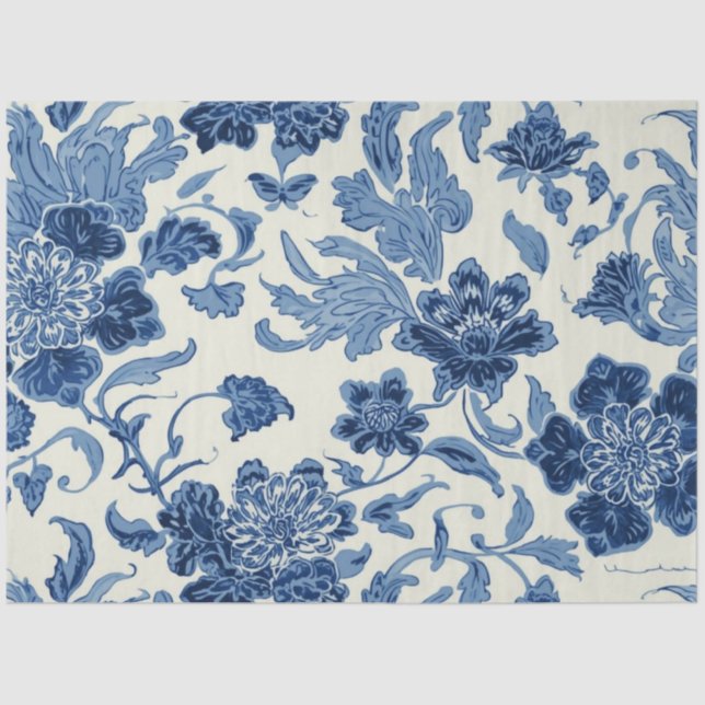 Blue Toile Decoupage Vintage Botanical Tissue Paper (Front)