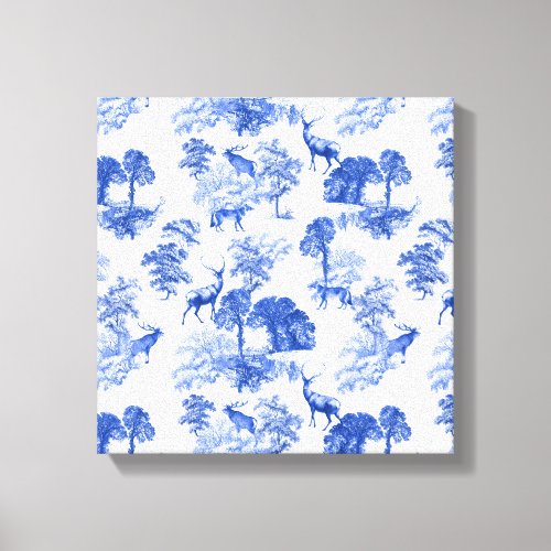 Blue Toile Deer Fox Forest Pattern Canvas Print