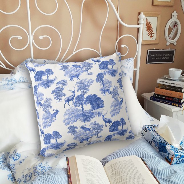 Blue Toile Deer Fox Forest Pattern Throw Pillow (https://pixabay.com/photos/bed-books-cool-bedroom-coffee-4953379/)