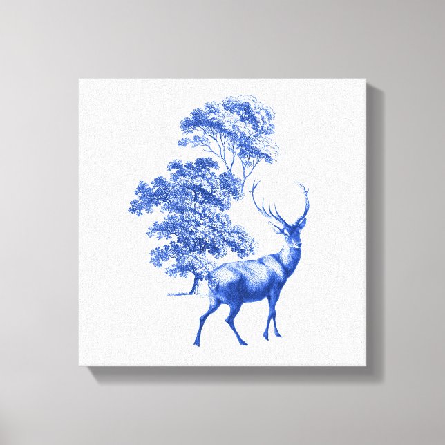 Blue Toile Deer in Forest Canvas Print (Front)