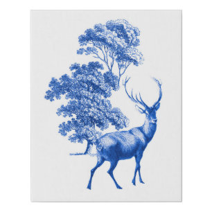 Blue Toile Deer in Forest Faux Canvas Print