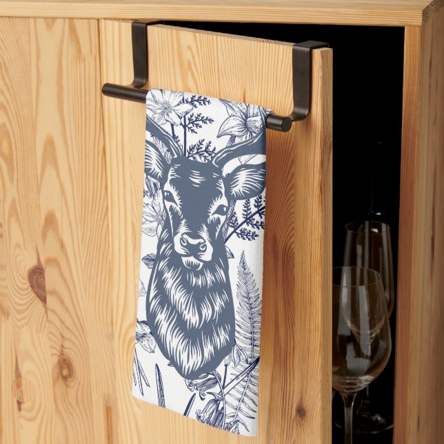 Blue Toile Deer - Wildlife at Home Kitchen Towel (Thirds Fold)
