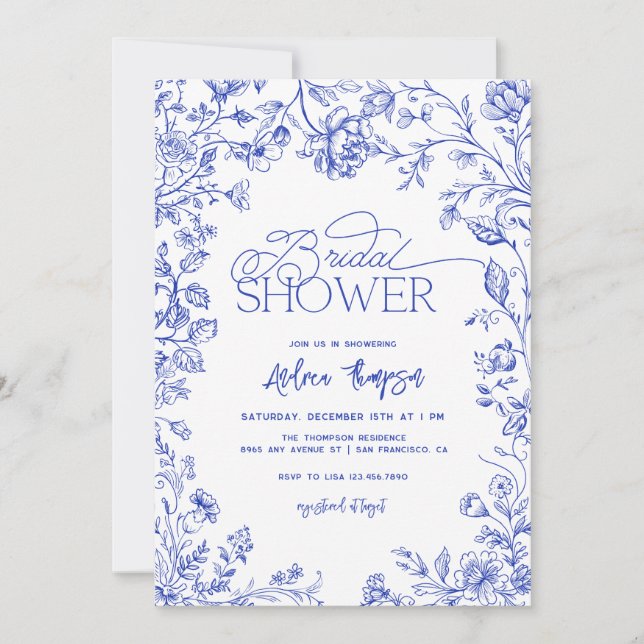 Blue Toile Elegant Modern Script Bridal Shower  Invitation (Front)