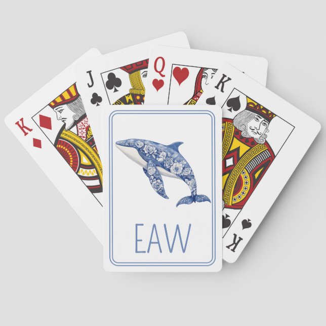 Blue Toile Floral Beach Dolphin Monogram Poker Cards (Back)