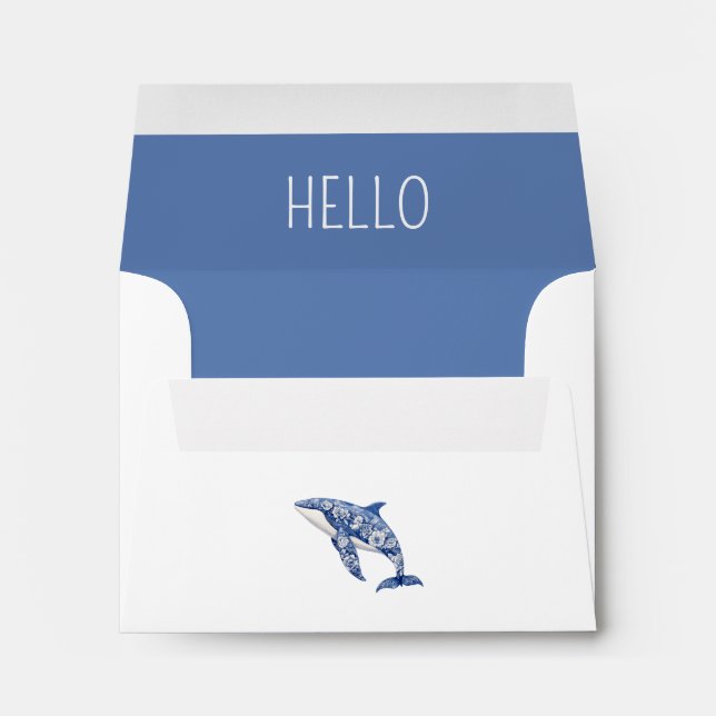 Blue Toile Floral Beach Dolphin Personalized Envelope (Back (Bottom))