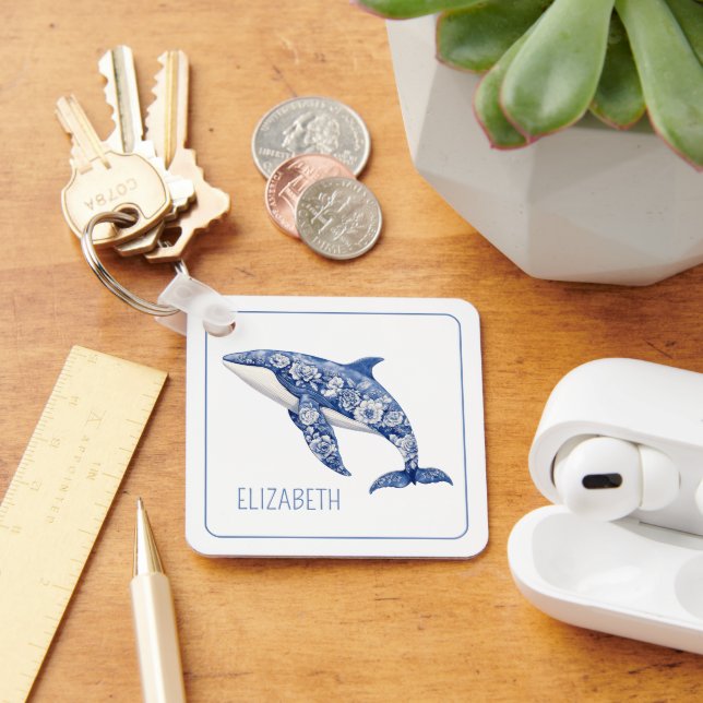 Blue Toile Floral Beach Dolphin Personalized Keychain (Desk)