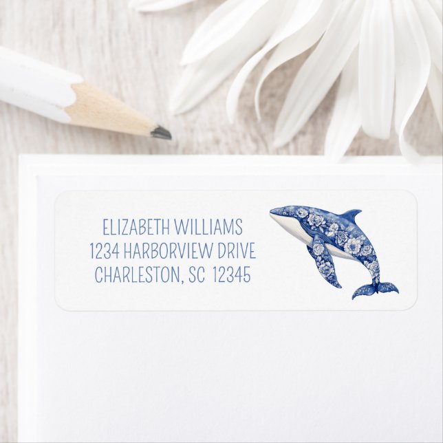 Blue Toile Floral Beach Dolphin Personalized Label (Insitu)