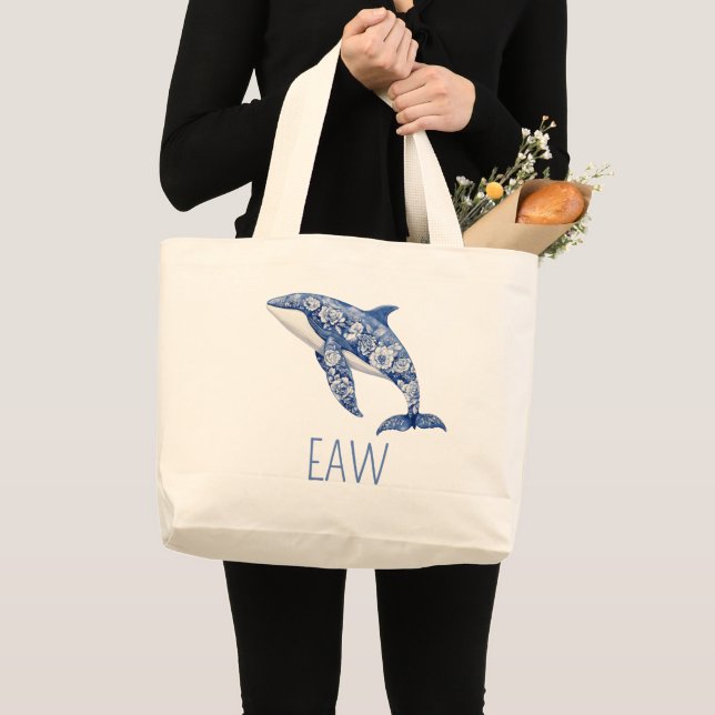 Blue Toile Floral Beach Dolphin Personalized Large Tote Bag (Front (Product))