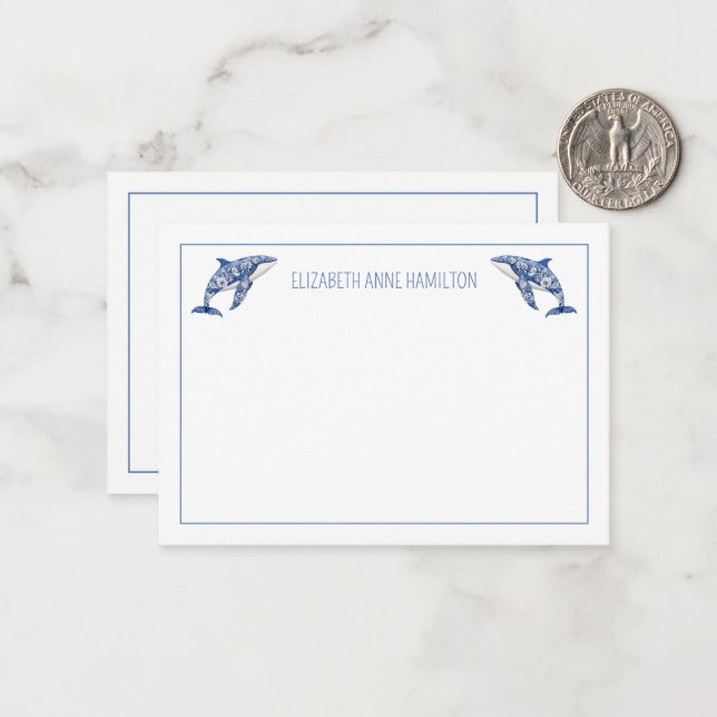 Blue Toile Floral Beach Dolphin Personalized Note Card (Front/Back In Situ)