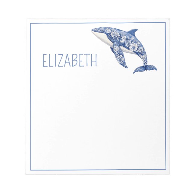 Blue Toile Floral Beach Dolphin Personalized Notepad (Front)