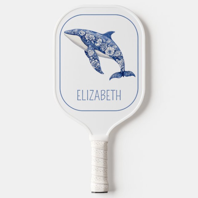 Blue Toile Floral Beach Dolphin Personalized Pickleball Paddle (Front)