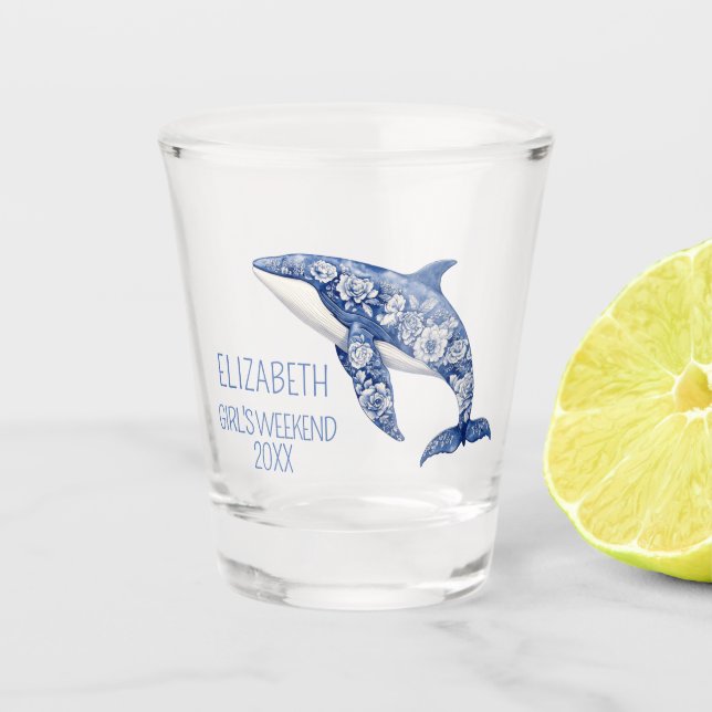 Blue Toile Floral Beach Dolphin Personalized Shot Glass (Front)