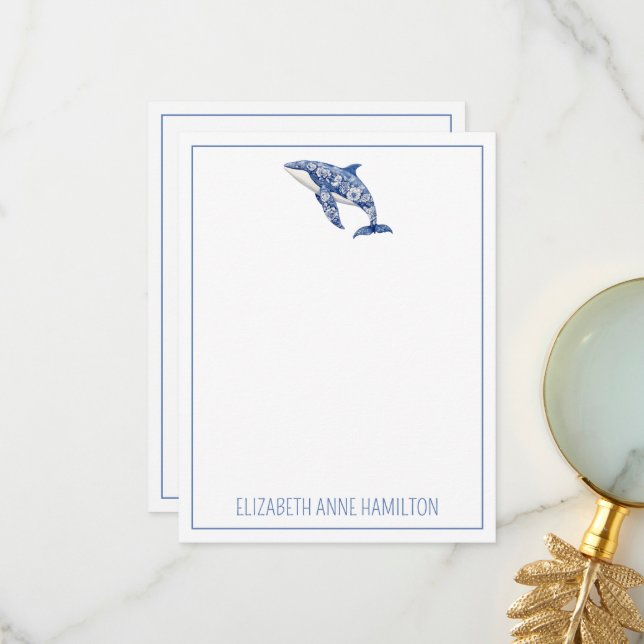 Blue Toile Floral Beach Dolphin Personalized Thank You Card (Front/Back In Situ)