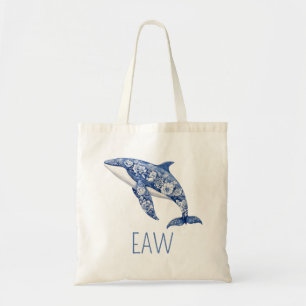 Blue Toile Floral Beach Dolphin Personalized Tote Bag